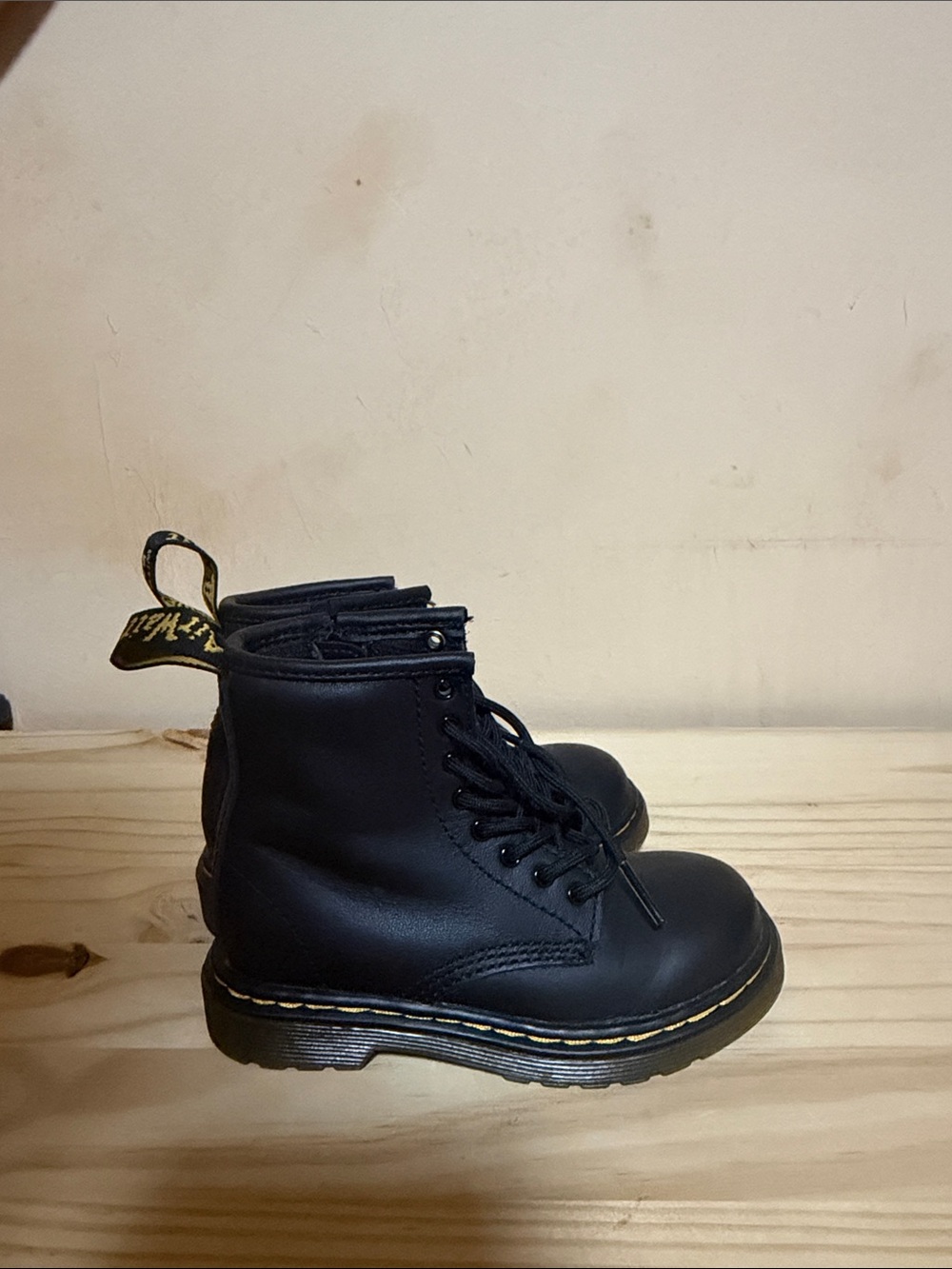 Dr. Martens Kids Black Leather Lace-Up Boots with Yellow Stitching